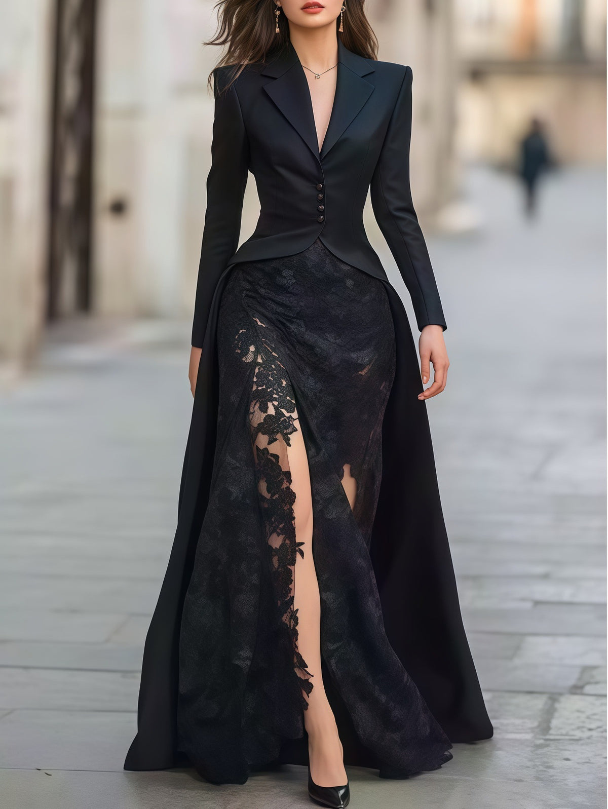 Two Piece Dress Set – Lace Hollow Out Spliced Long Sleeve Gown – Polyester | KIMLUD