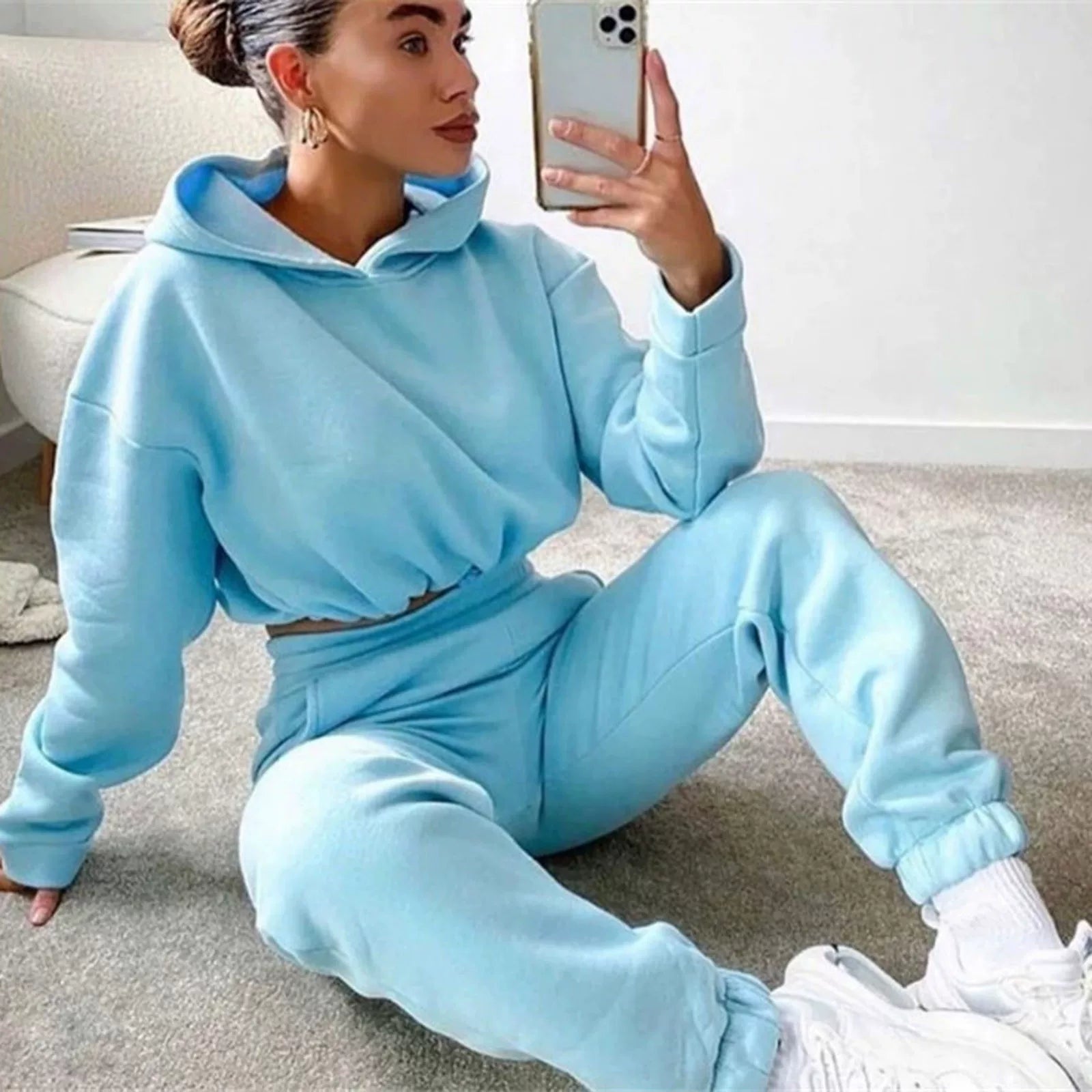 Polyester-Cotton Two-Piece Set Cropped Hooded Top and Joggers — Rose Pink | KIMLUD