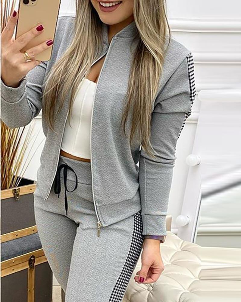 Polyester Stretch Suit Set Plaid Zip Up Tailored Long — Gray | KIMLUD