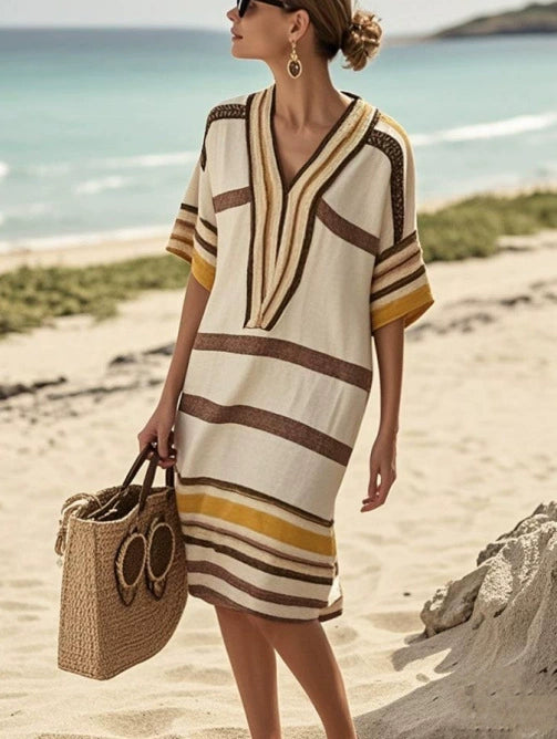 European and American Digital Print Stripe V-neck Dress