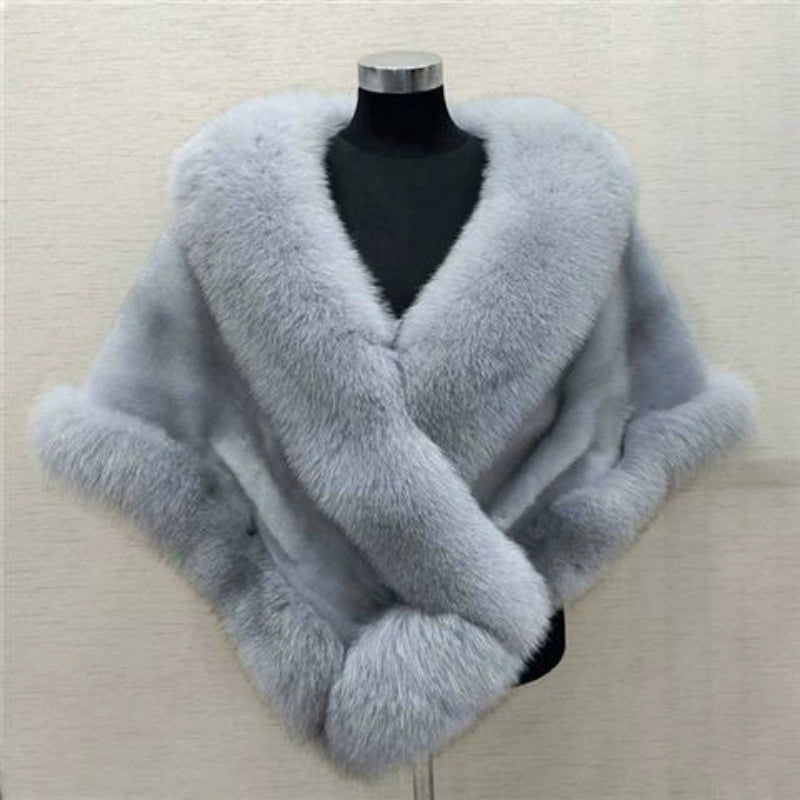 No. 19-Fall and Winter Bride Imitation Fox Fur Shawl Wedding Cloak Dress and Cheongsam Fur Cape Coat White Thick Women