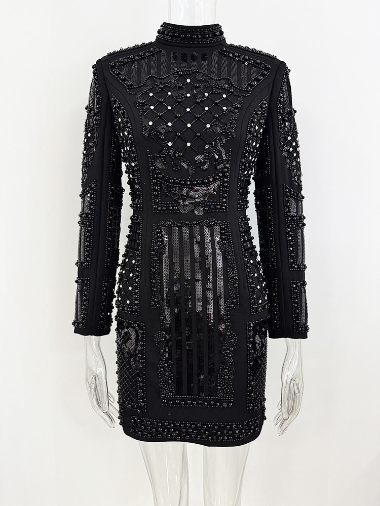 VC Autumn&Winter Diamond studs Short Dress Long Sleeves Beaded Sparkling Elastic Tight Bodycon Party Cocktail Gown