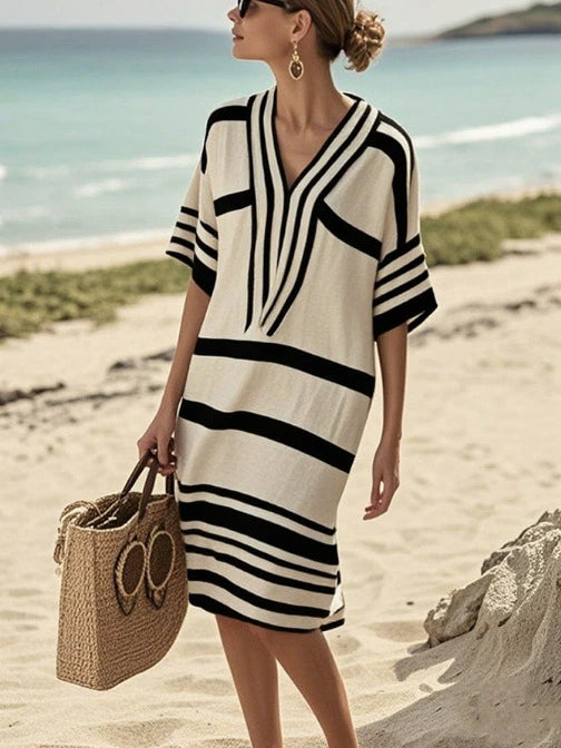 European and American Digital Print Stripe V-neck Dress
