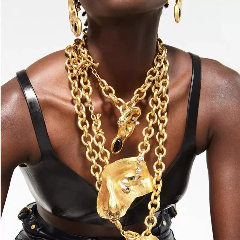 Fashion Xiapa Exaggerated Staring Half Face Mask Necklace Cuban Link Chain Devil's Eye Middle Ancient Eye Clavicle Chain Tide