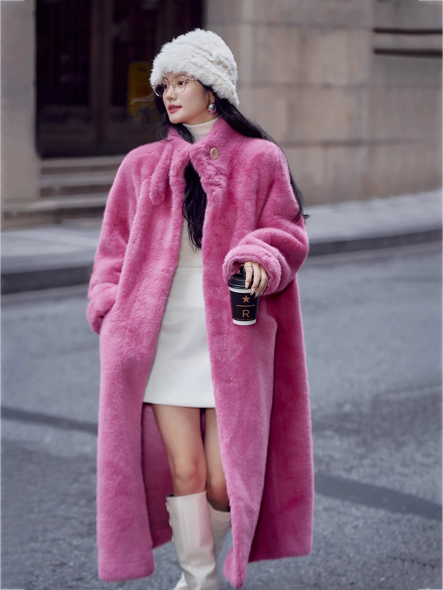 Basic House/Baijiahao New Year Battle Robe Rose Red Classy Furry Coat Female Winter Long Environmental-Friendly Fur