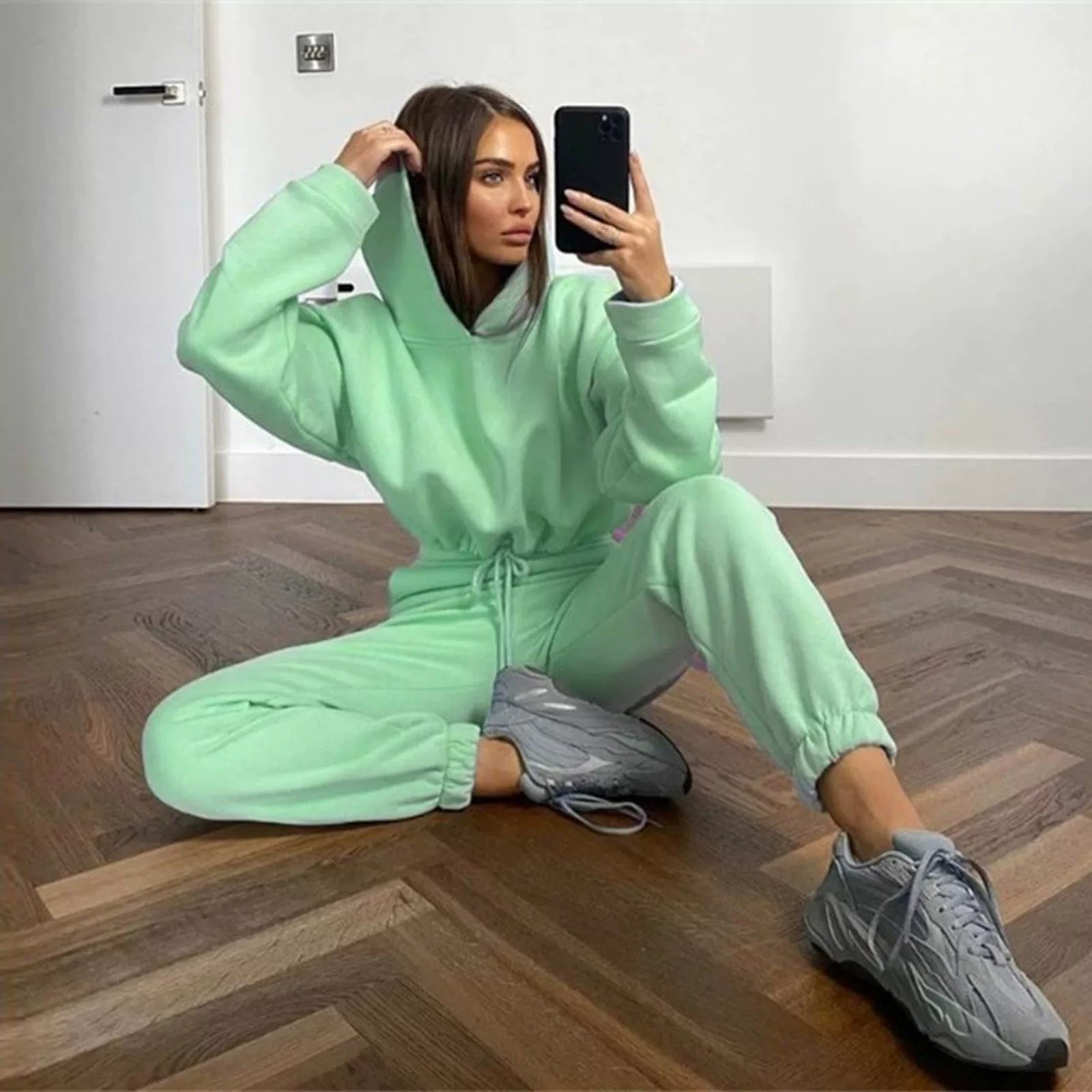 Polyester-Cotton Two-Piece Set Cropped Hooded Top and Joggers — Rose Pink | KIMLUD