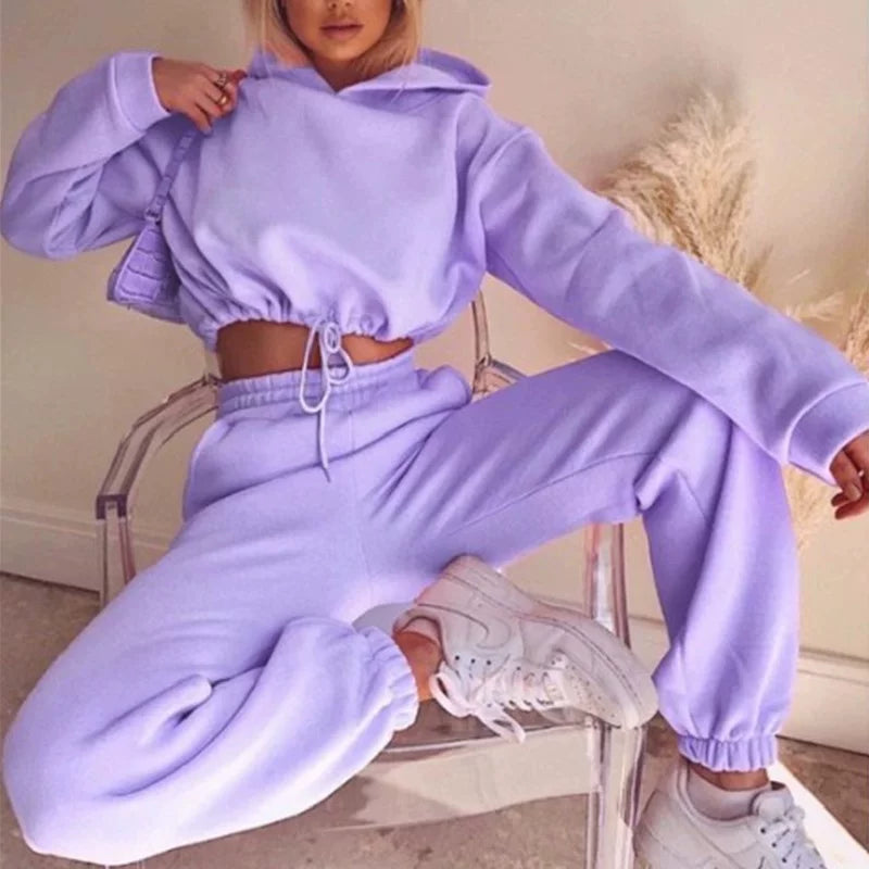 Polyester-Cotton Two-Piece Set Cropped Hooded Top and Joggers — Rose Pink | KIMLUD
