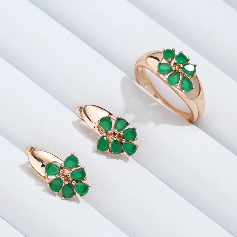 Kinel Hot Emerald Cut Natural Zircon Flower Ring for Women Unique 585 Rose Gold Color Earrings High Quality Daily Fine Jewelry
