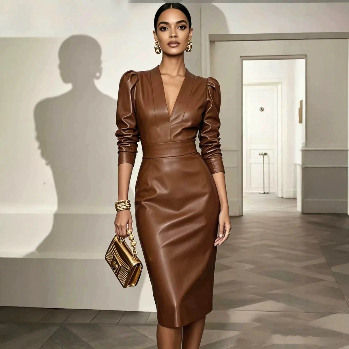 Midi Dress – V Neck – PU Leather – Knee Length | KIMLUD