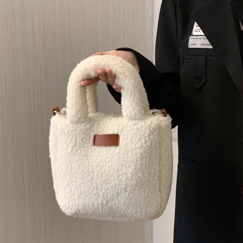 Faux Lamb Wool Women's Small Bucket Bags Winter Fashion Ladies Plush Shoulder Crossbody Bag Soft Furry Purse Female Handbags
