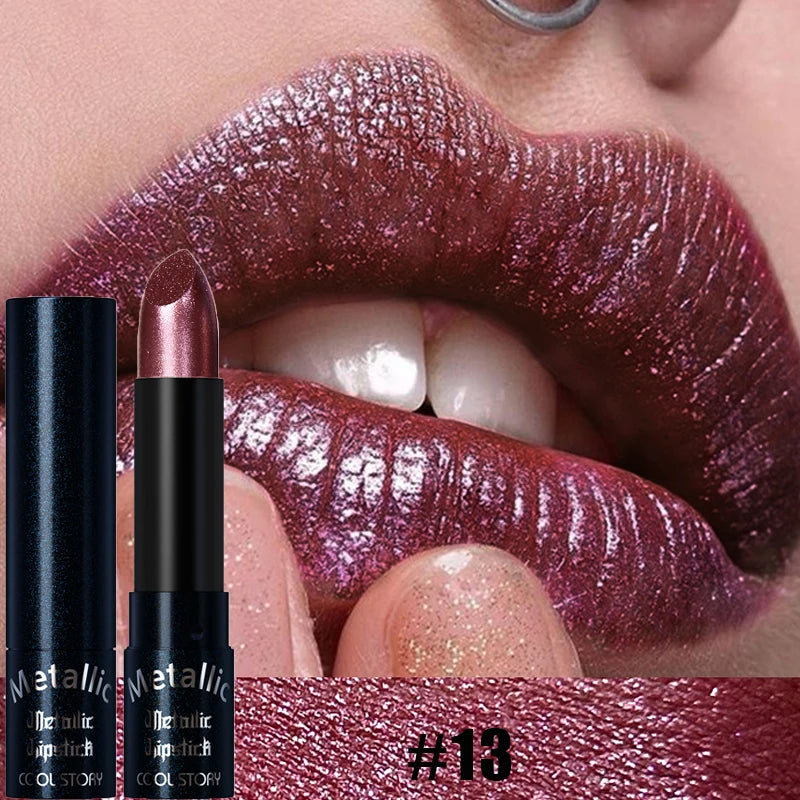 Diamond Pink Lipstick Metallic Glitter Lipstick Waterproof Shiny Pearlescent Dark Blue Red Matte Lip Gloss Halloween Lips Makeup