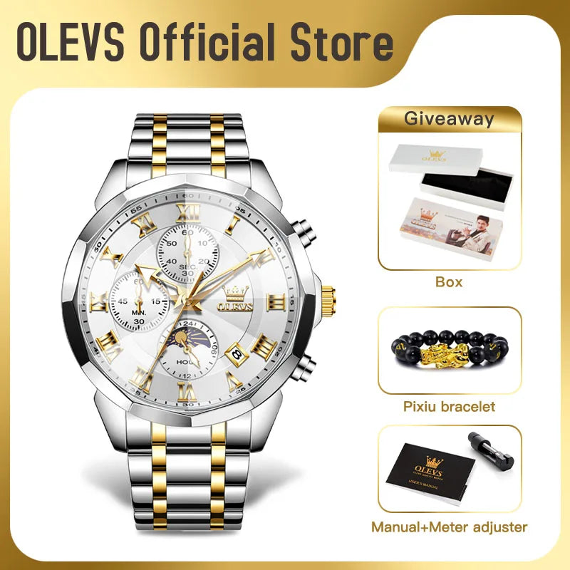 OLEVS 3675 Mens Watch Original Business Brand Quartz Watch Multifunctional Chronograph Waterproof Moon Phase Watch For Man New
