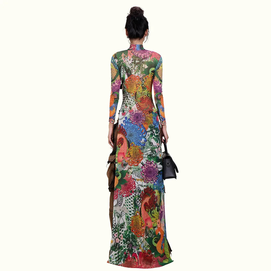 Mesh Maxi Top With High Collar Plant Print Open Split And Sheer Overlay — Black | KIMLUD