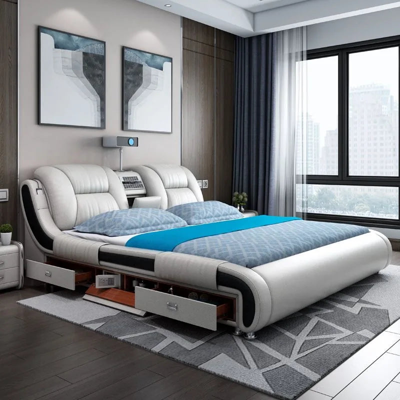 Genuine Leather Upholstered King Size Bed With Massage — Custom Color | KIMLUD