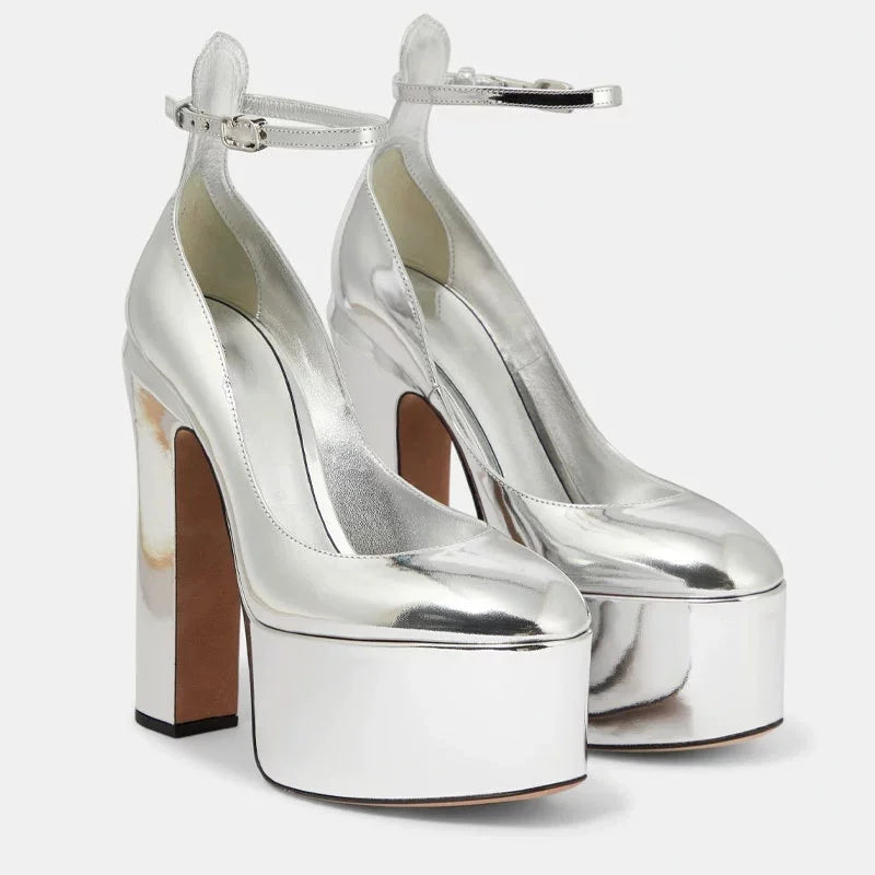 Patent Leather Platform Sandals Round Toe Ankle Buckle — Black | KIMLUD