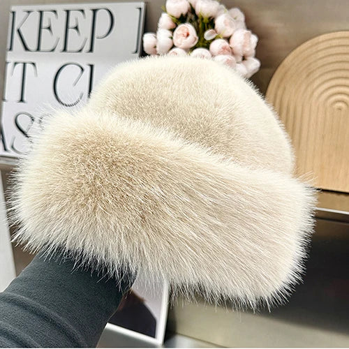Mink Fur Hat Plush Cotton Lining Warm Winter — Black | KIMLUD