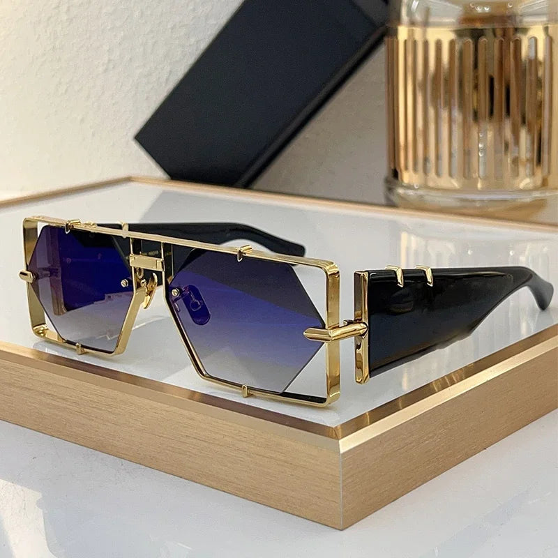 Half Frame Polygon Gradient Sunglasses — Gold Tone | KIMLUD