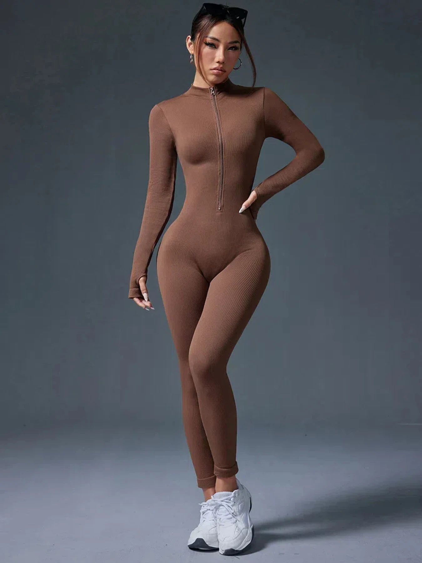 Nylon/Spandex Jumpsuit Half Zip Activewear — Black | KIMLUD