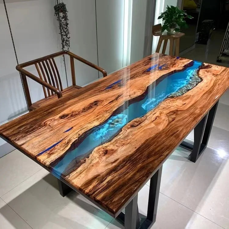 Walnut Wood Dining Table Top Amber Resin River — Walnut | KIMLUD