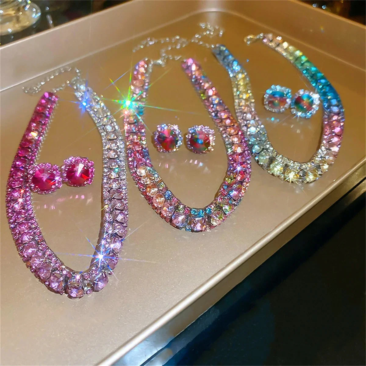 Luxury Crystal Necklace Earrings Set Pink ABcolourful Necklace for Women Weddings Party Jewelry Sets Accessories