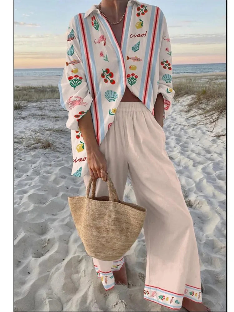 Two Piece Set – Casual Printed – Wide Leg Pants | KIMLUD