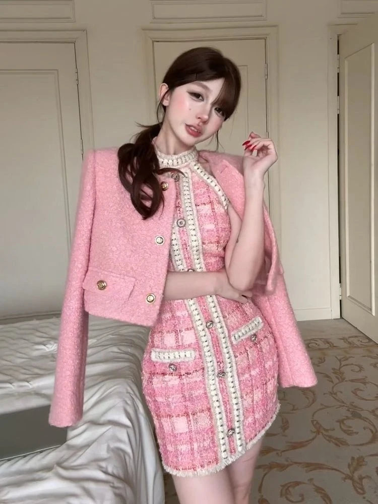 Winter Korean Fashion Women's Two Pieces Set Pink French Elegant Retro Office Lady Slimming Tweed Suit Set Blazer and Skirt Set