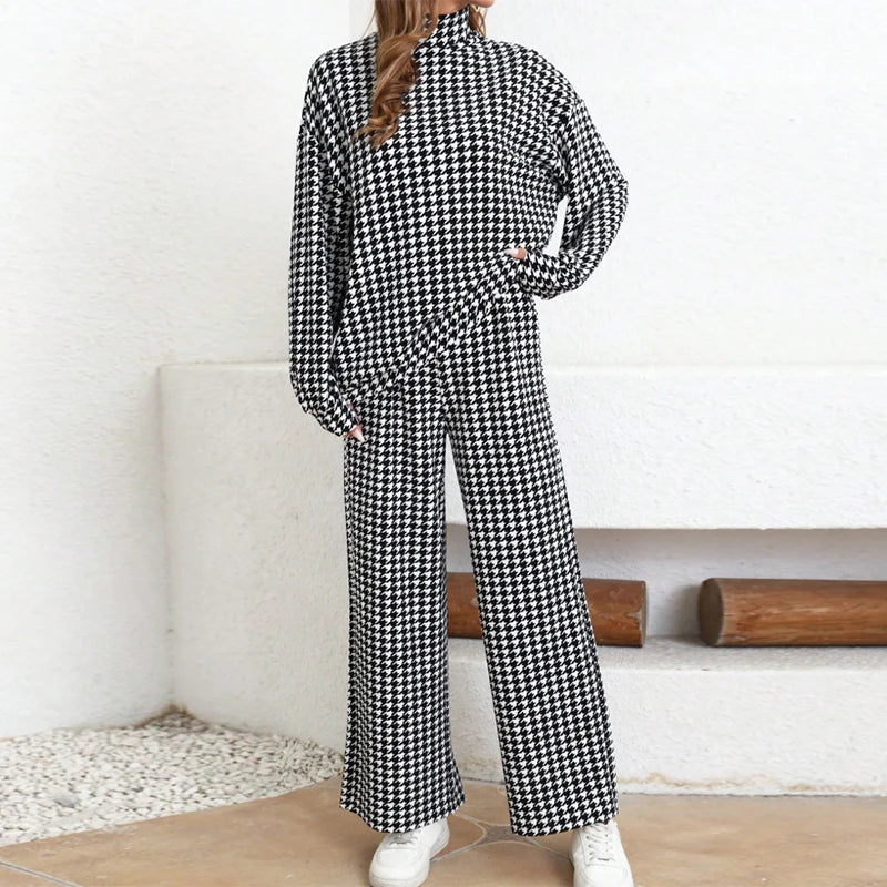 Houndstooth Half High Neck Top Pant Suit Women Color Blocking Full Sleeve Oversized Tops Leg Loose Pants Sets Lady Spring Set