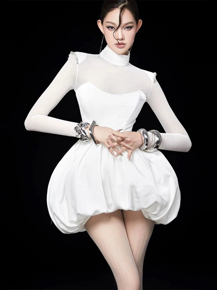 Polyester See-Through Dress With Waist Cinch For Evening Silhouette — White | KIMLUD