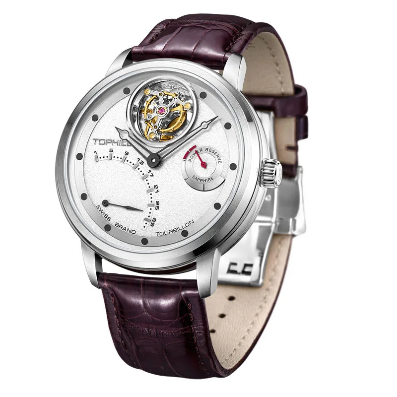 Tourbillon Wristwatch Rose-Gold Tone Case Leather Strap — Burgundy | KIMLUD