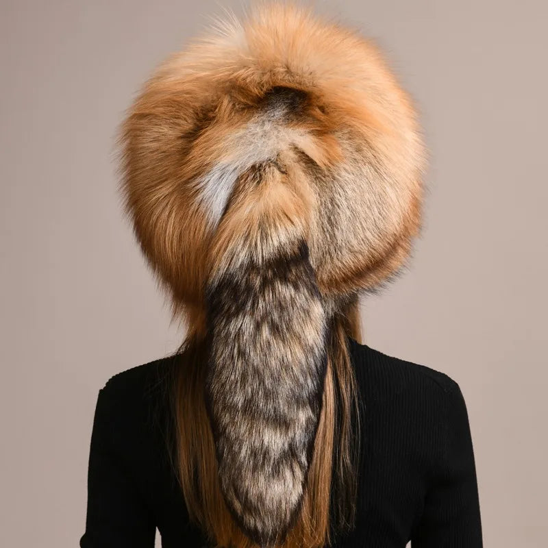 Winter Fur Women Hat with Tail Real Fox Fur Hat Luxury Raccoon Fur Beanies Warm Ear Protect Unisex Bomber Hat Wholesale Bonnets