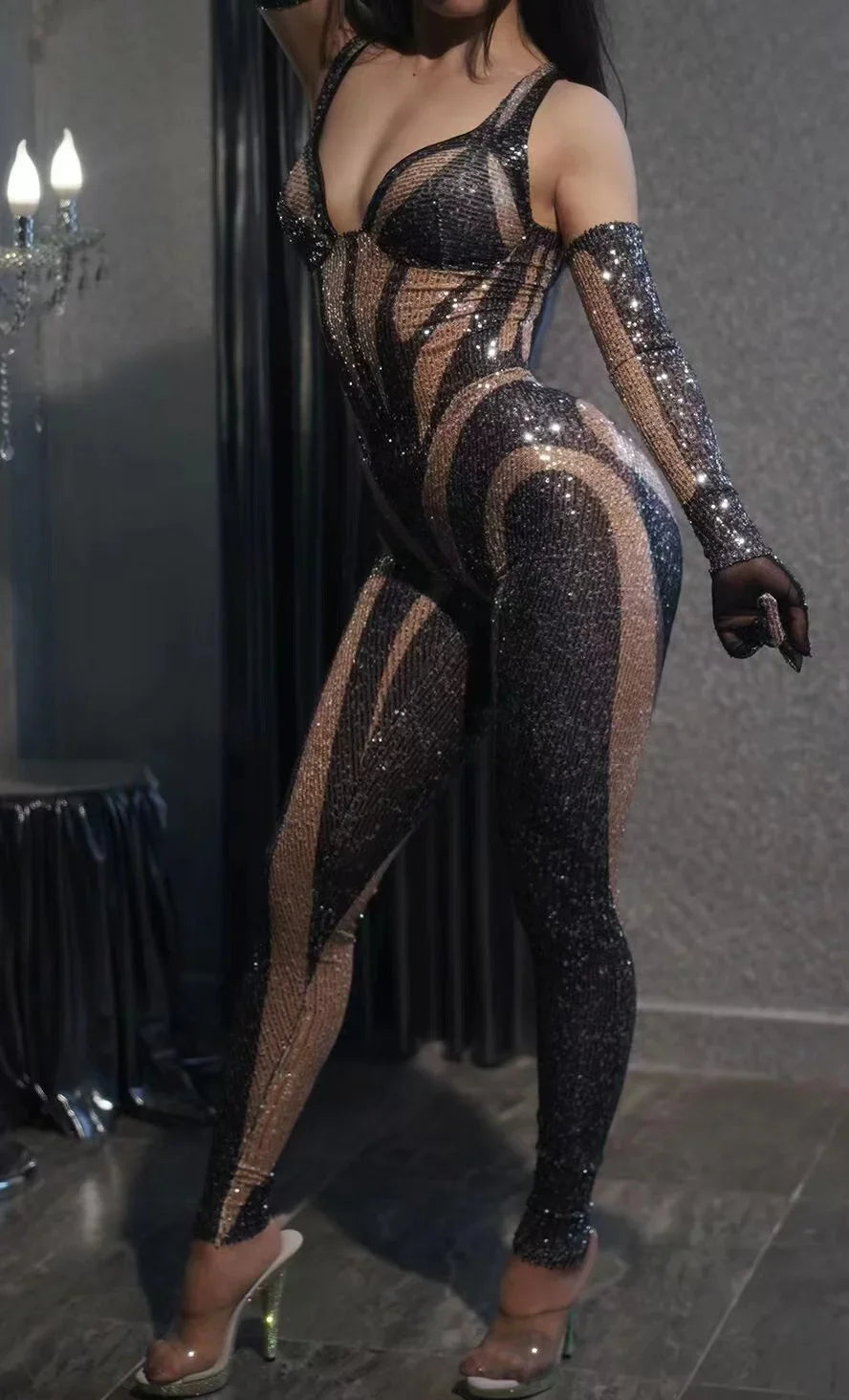 Sexy Black Sequin Jumpsuit Gloves Woman Nightclub Slip Leotard Dance Costume Birthday Party Wear Pole Dance Drag Queen Clothes - KIMLUD