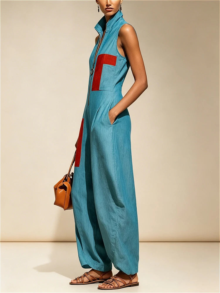 Polyester Elastane Sleeveless Jumpsuit — Black | KIMLUD