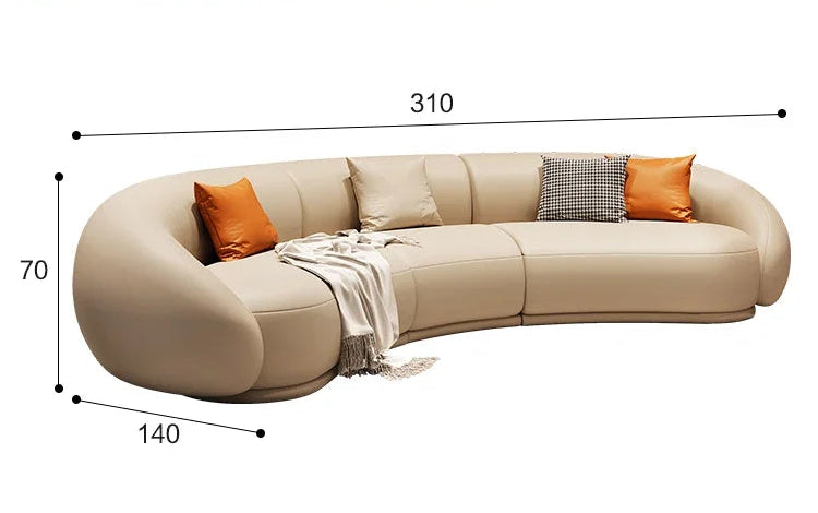 Sofa with dimensions and material information on a red background