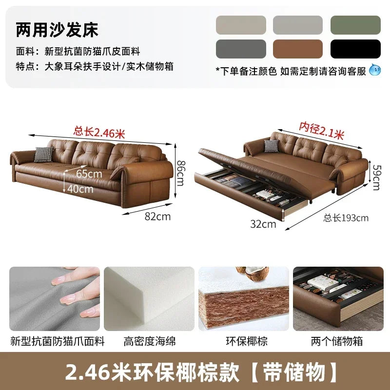 Faux Leather Sofa Bed Italian Modern Silhouette With Convertible Chaise Lounge — Brown | KIMLUD