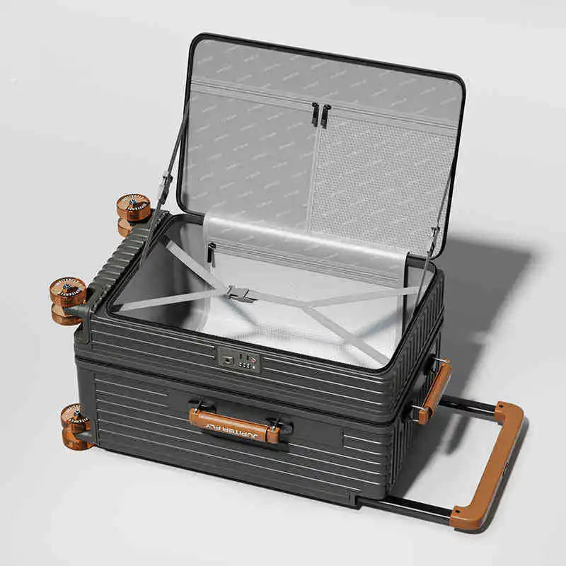 Side opening luggage compartment with expandable 28 inch wide luggage compartment, 20 inch boarding case, 24 inch luggage