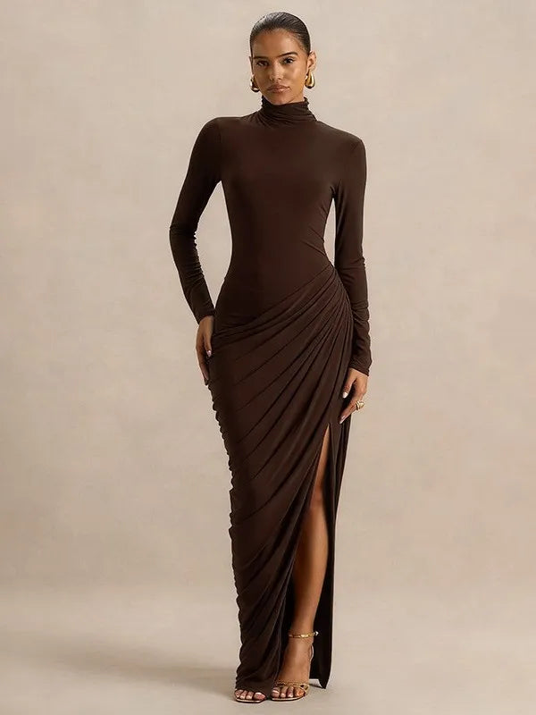 Thick Jersey Pleated Bodycon Dress — Brown | KIMLUD