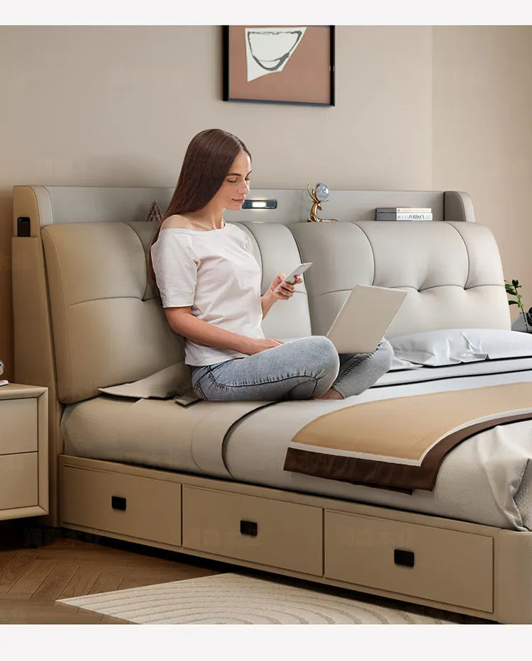 Minimalist Upholstered Bed Frame With Storage — Cream Beige | KIMLUD