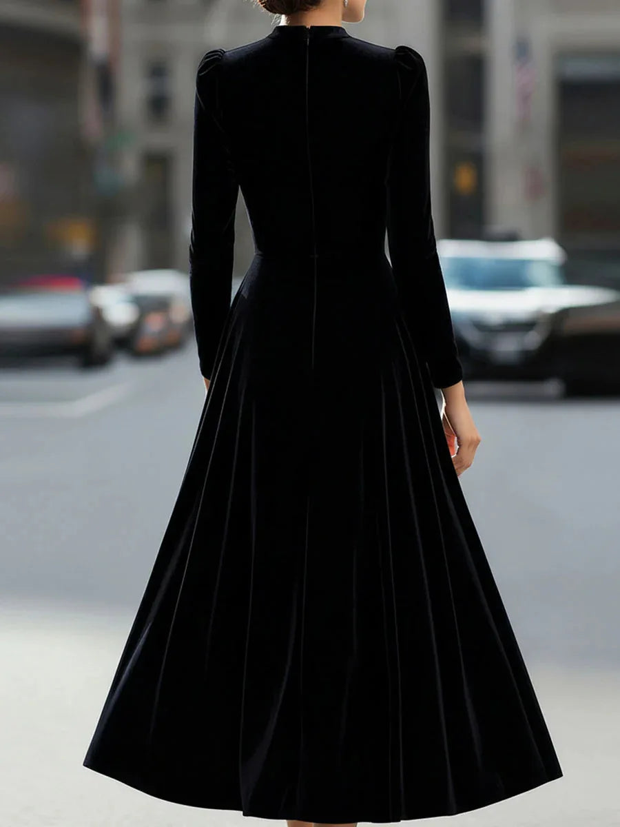 Velvet Dress Long Sleeve Round-Neck Midi — Navy | KIMLUD