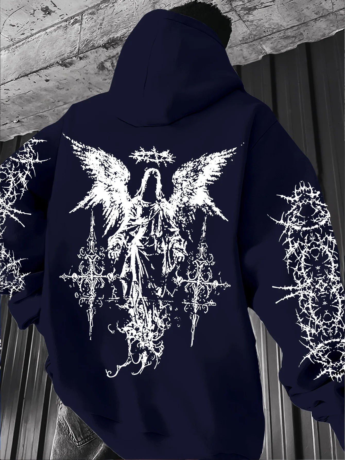 Hooded Sweatshirt – Angel Graffiti Thorn Print – Polyester – Regular Fit | KIMLUD