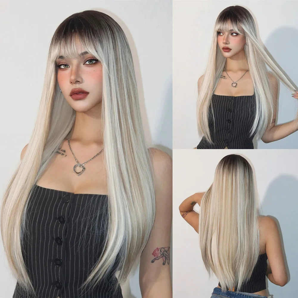 ALAN EATON Chestnut Brown Synthetic Wig with Bangs Long Straight Wig Natural Layered Hair Smooth Soft Daily Wig Heat Resistant