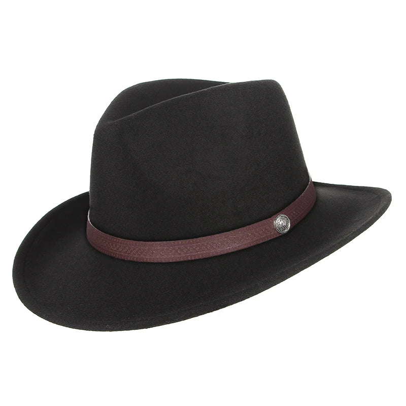 Western Cowboy Hat Wide Brim Belted — Black | KIMLUD