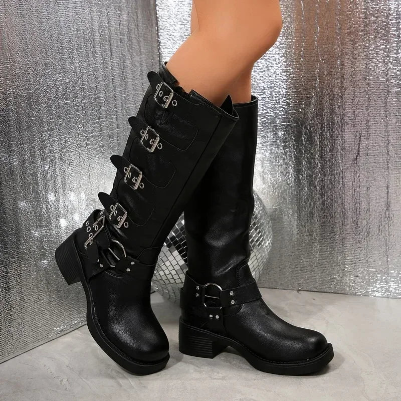 Winter Plus Size Solid Knee-High Boots 2024 Fashion Women's Shoes Slip-on Women's Boots Hot Sale Belt Buckle Modern Boots Women