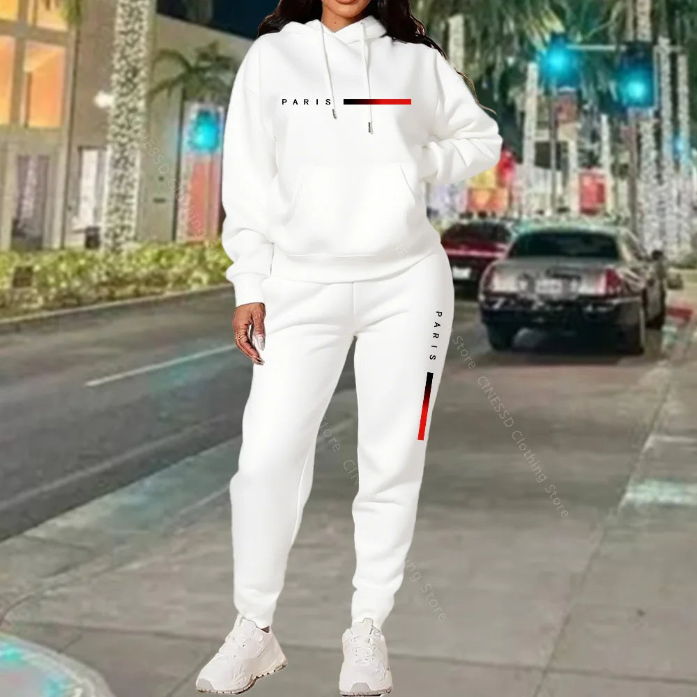 Paris Letter Print Hoodie and Pants Set — Cream | KIMLUD