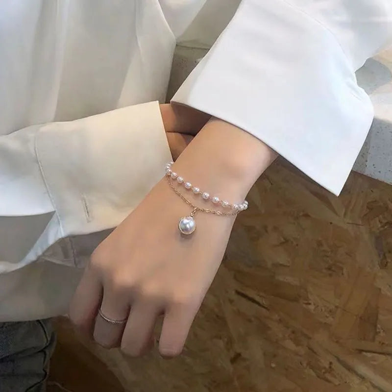 Gold-Tone Bracelet Double-Layer Crystal Pearl Beaded Wrap — Gold | KIMLUD