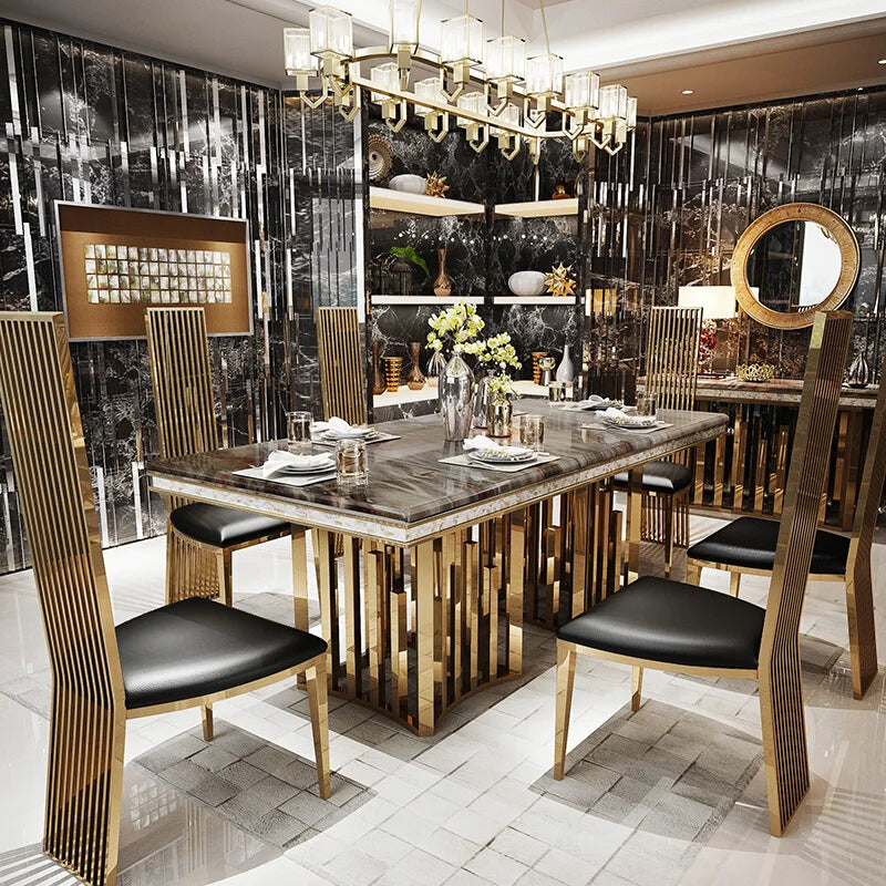 Marble Dining Table Set With Gold Frame — Black | KIMLUD