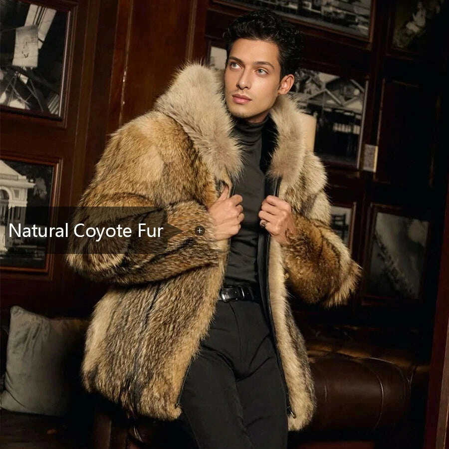 KIMLUD, Natural Wolf Fur Coats With Hood Real Full Skin Coyote Fur Coat Genuine Leather Jacket High Quality Winter Jacket For Men, KIMLUD Womens Clothes