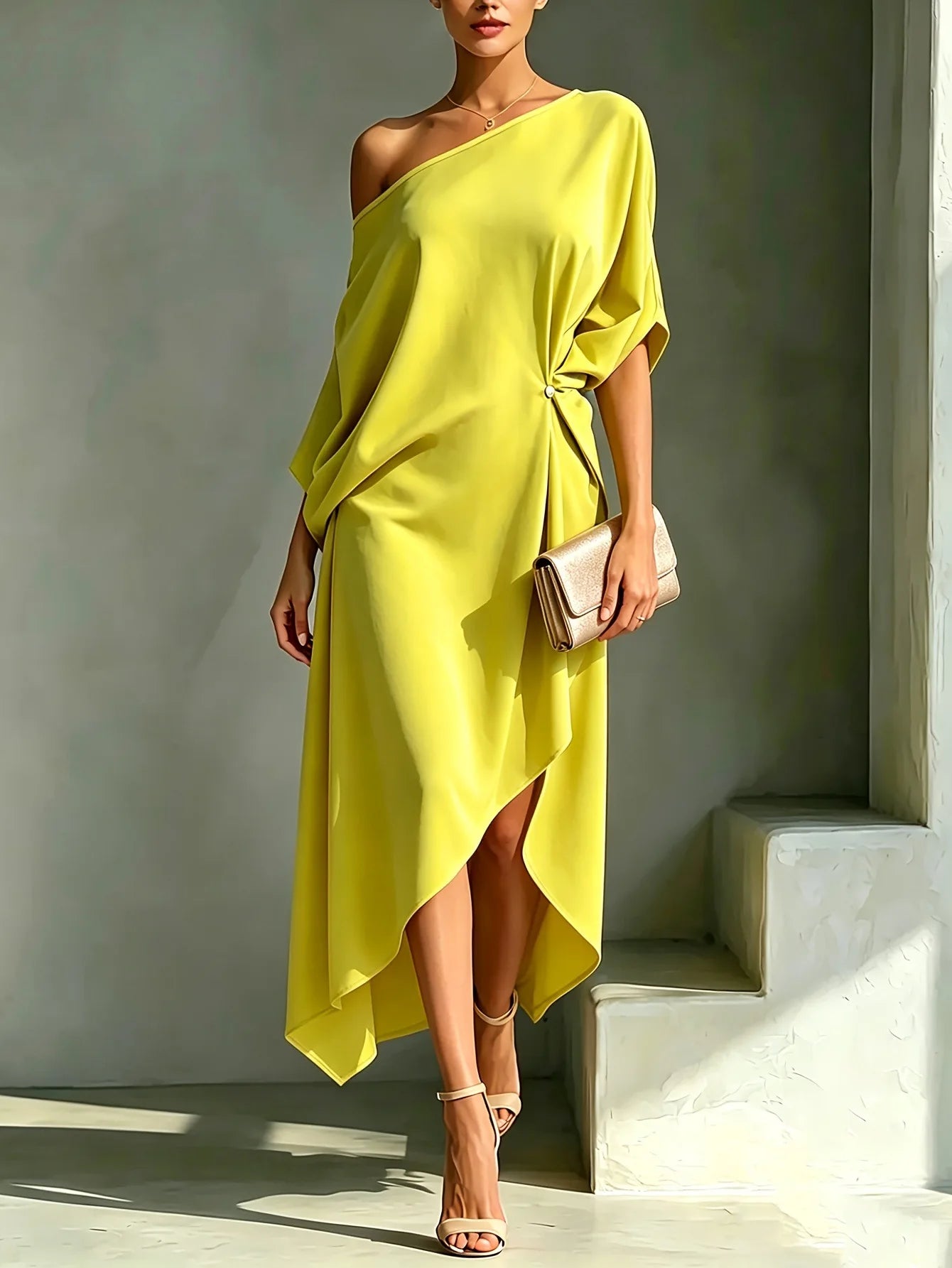 Polyester Off Shoulder Batwing Dress — Ivory | KIMLUD