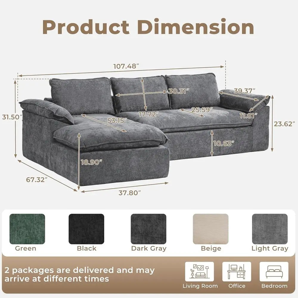 Chenille L-Shaped Sofa Memory Foam Cushions — Grey | KIMLUD
