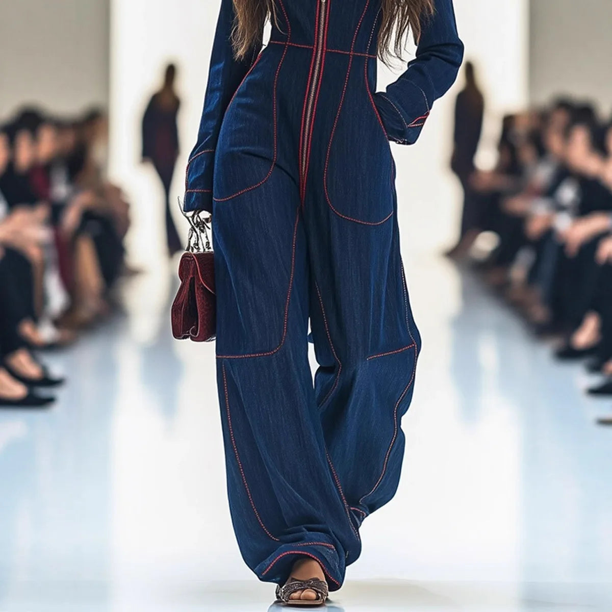 Polyester Jumpsuit Waist-Cinched Wide-Leg Stand Collar — Black | KIMLUD