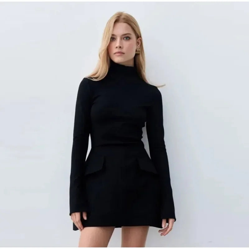 KIMLUD, Stylish Long Sleeve Half Turtleneck Dress Women Casual Autumn Spring Solid Sweet Hip Package Skirts for Female New Party Dresses, KIMLUD Womens Clothes